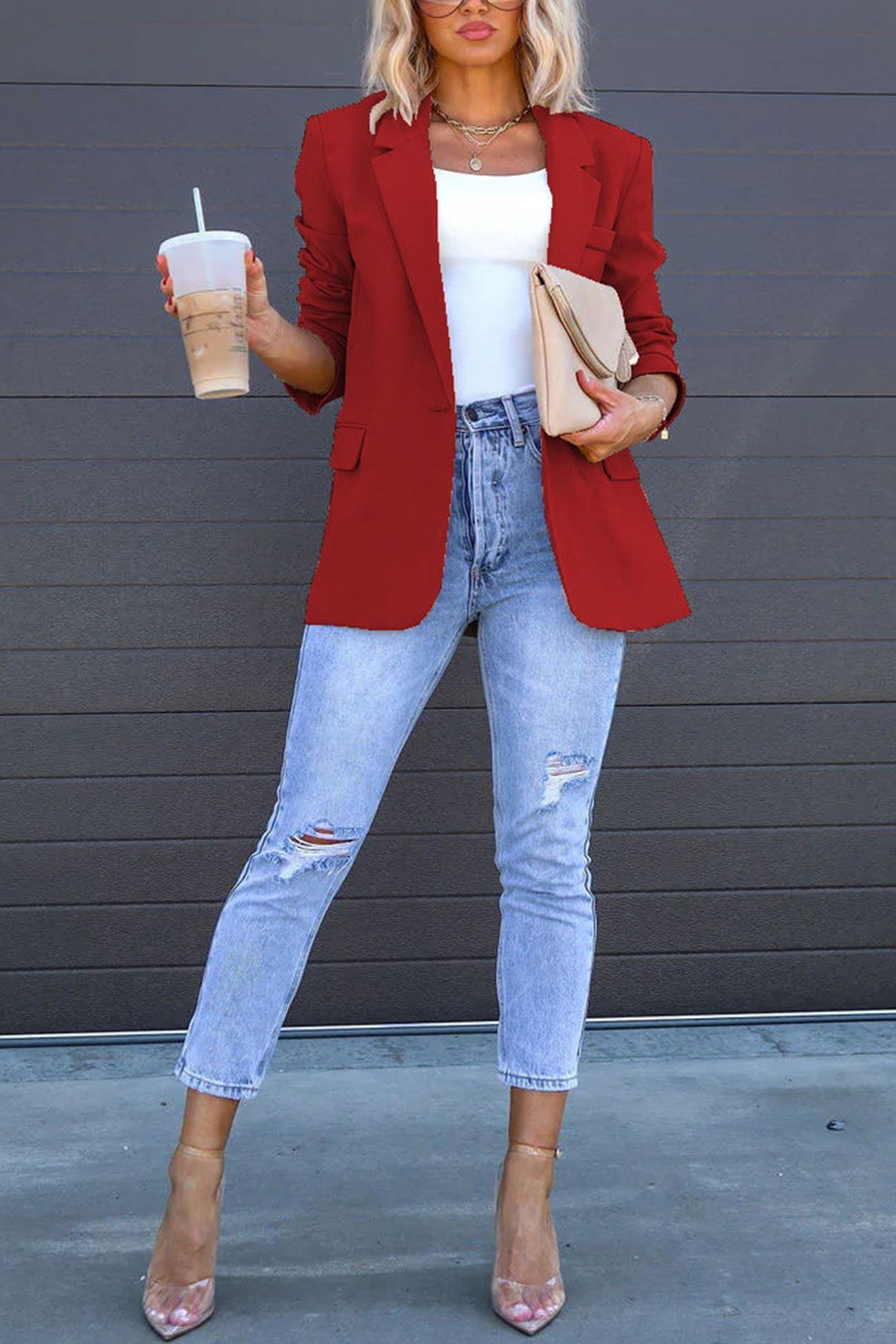 Street Wave Solid Color Mid Length Blazer With Notched Lapel For Women, Effortless Chic, Timeless Appeal