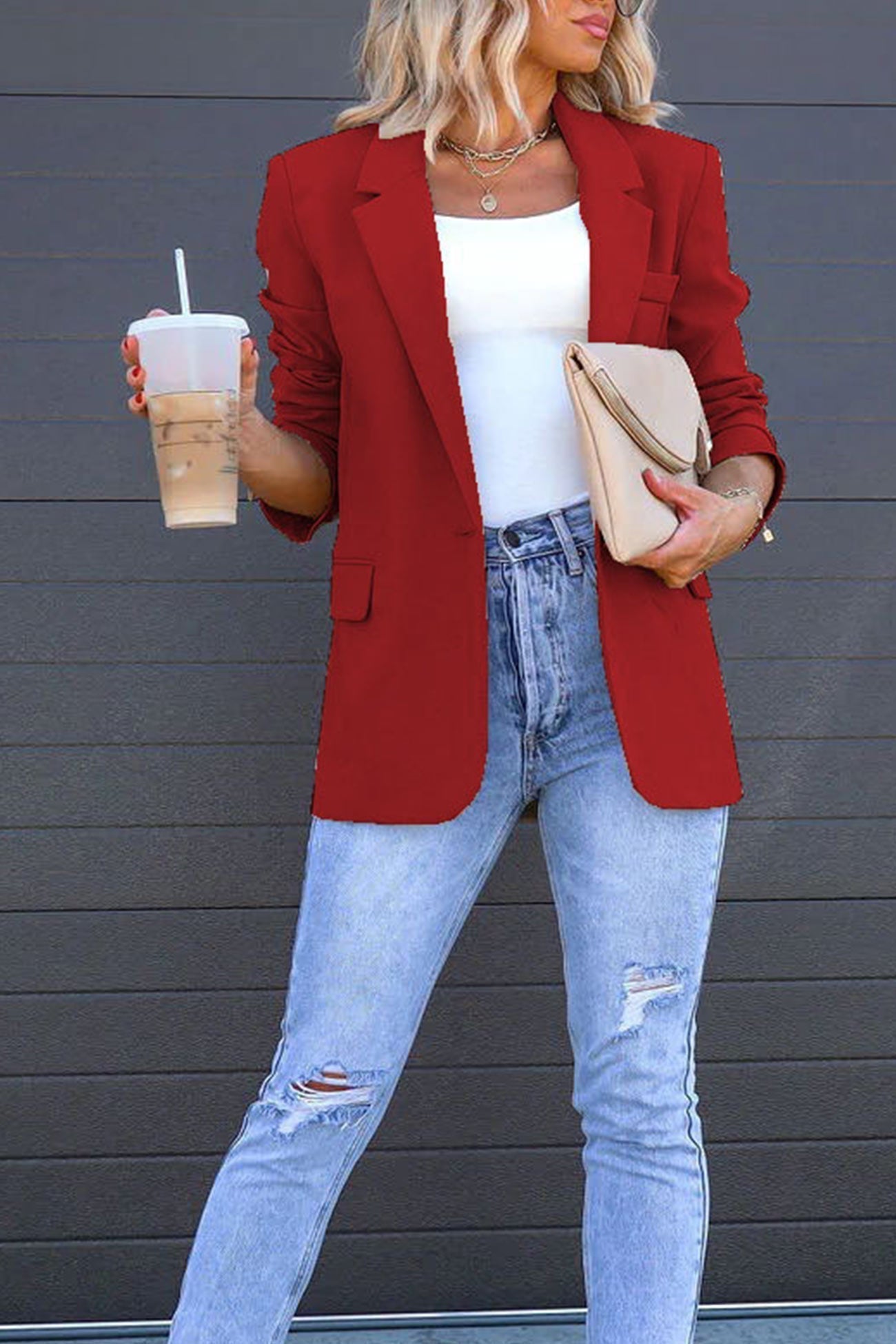 Street Wave Solid Color Mid Length Blazer With Notched Lapel For Women, Effortless Chic, Timeless Appeal