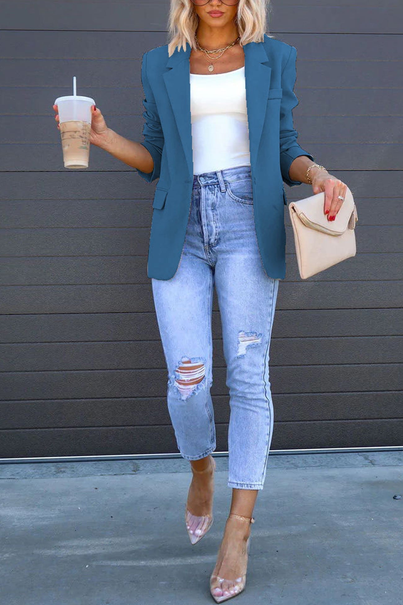 Street Wave Solid Color Mid Length Blazer With Notched Lapel For Women, Effortless Chic, Timeless Appeal