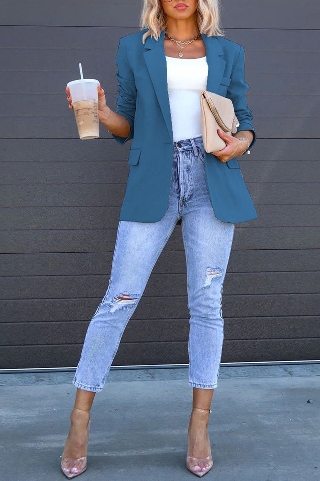 Street Wave Solid Color Mid Length Blazer With Notched Lapel For Women, Effortless Chic, Timeless Appeal