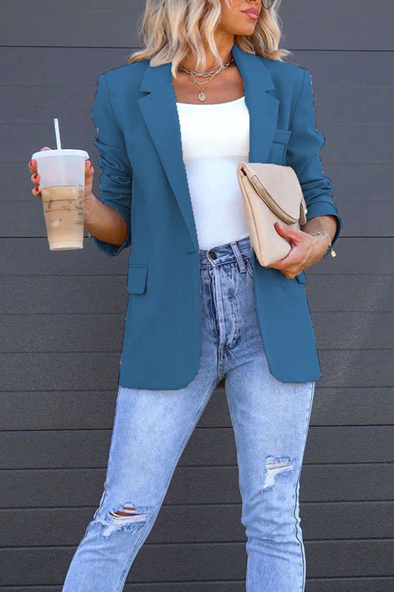Street Wave Solid Color Mid Length Blazer With Notched Lapel For Women, Effortless Chic, Timeless Appeal