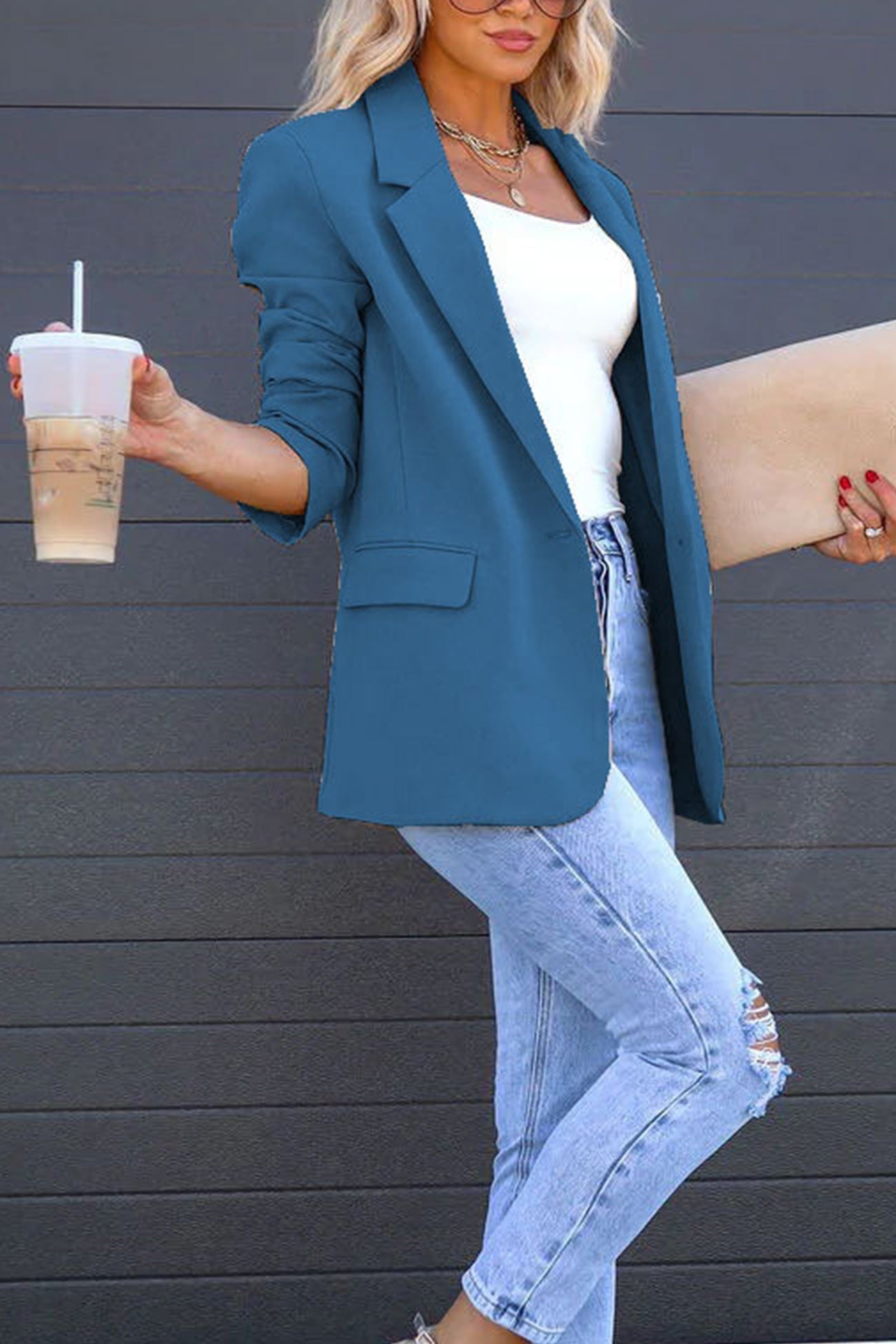Street Wave Solid Color Mid Length Blazer With Notched Lapel For Women, Effortless Chic, Timeless Appeal