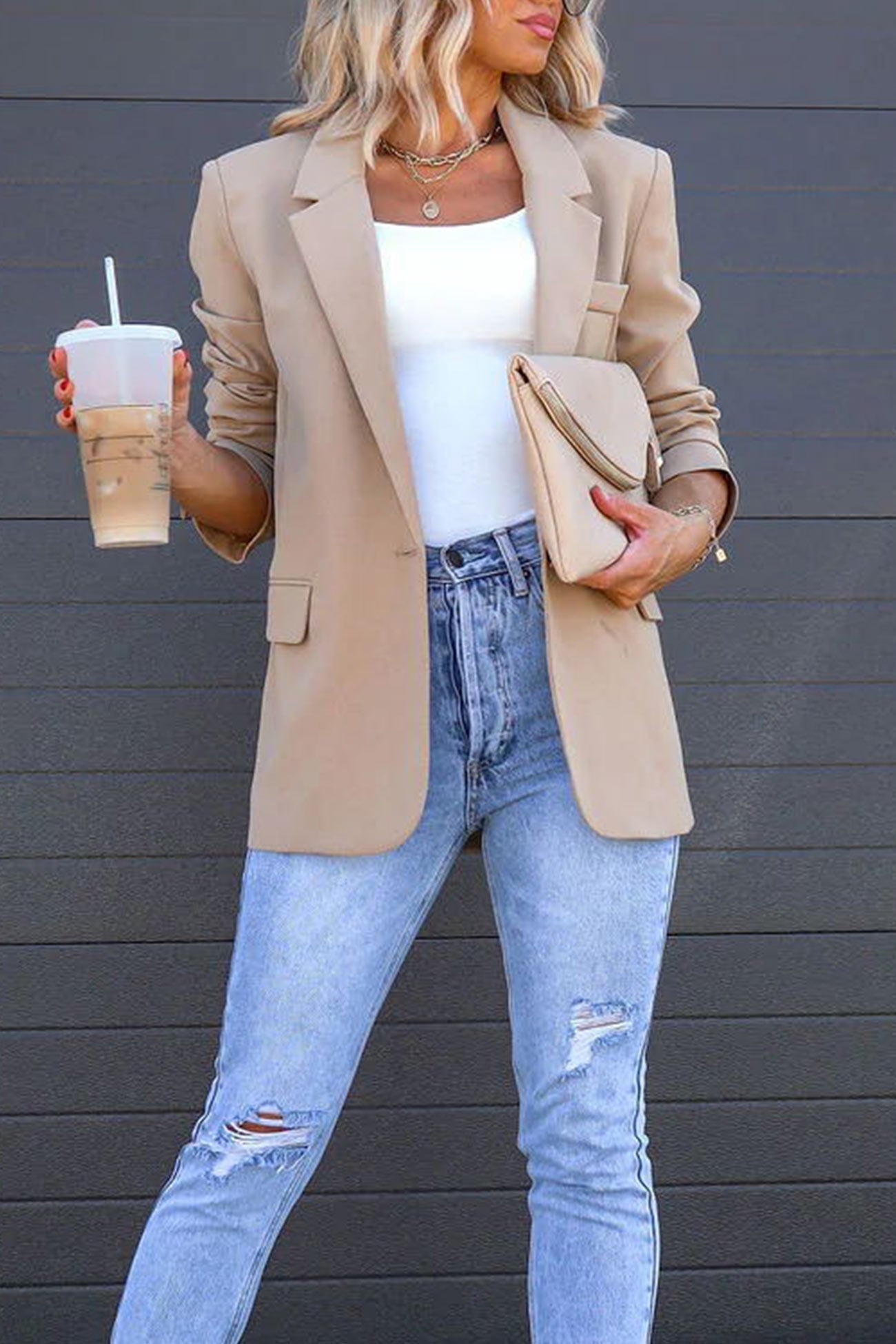 Street Wave Solid Color Mid Length Blazer With Notched Lapel For Women, Effortless Chic, Timeless Appeal