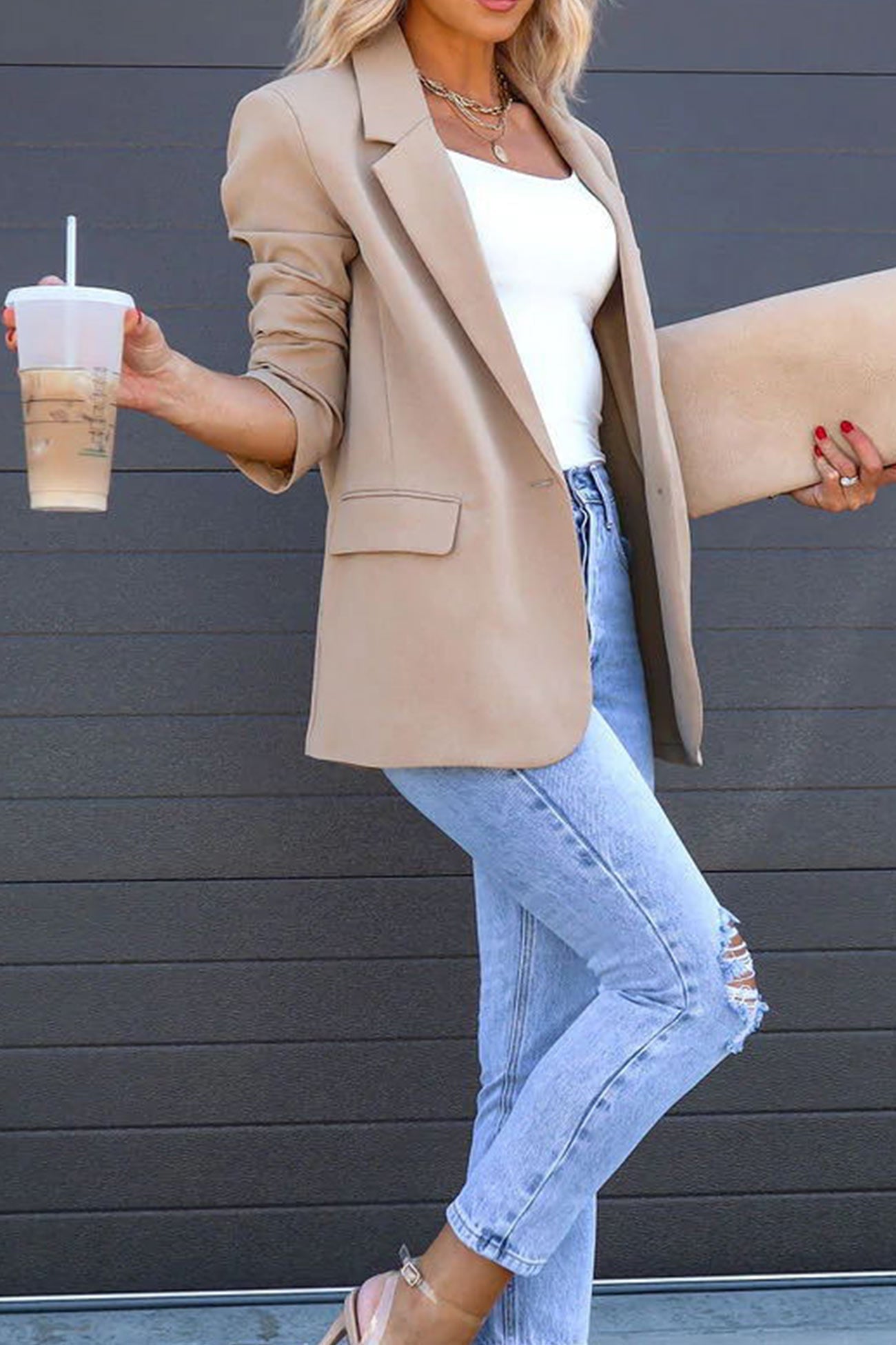 Street Wave Solid Color Mid Length Blazer With Notched Lapel For Women, Effortless Chic, Timeless Appeal