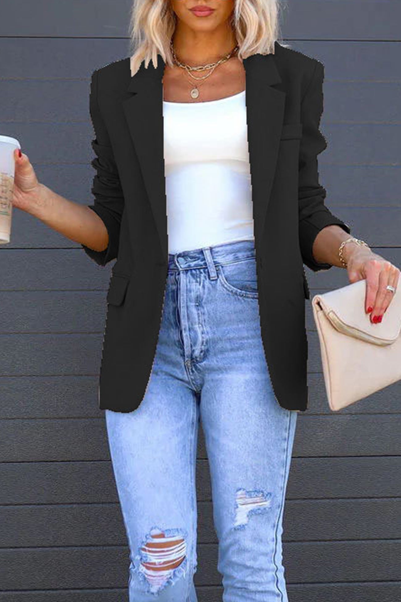 Street Wave Solid Color Mid Length Blazer With Notched Lapel For Women, Effortless Chic, Timeless Appeal