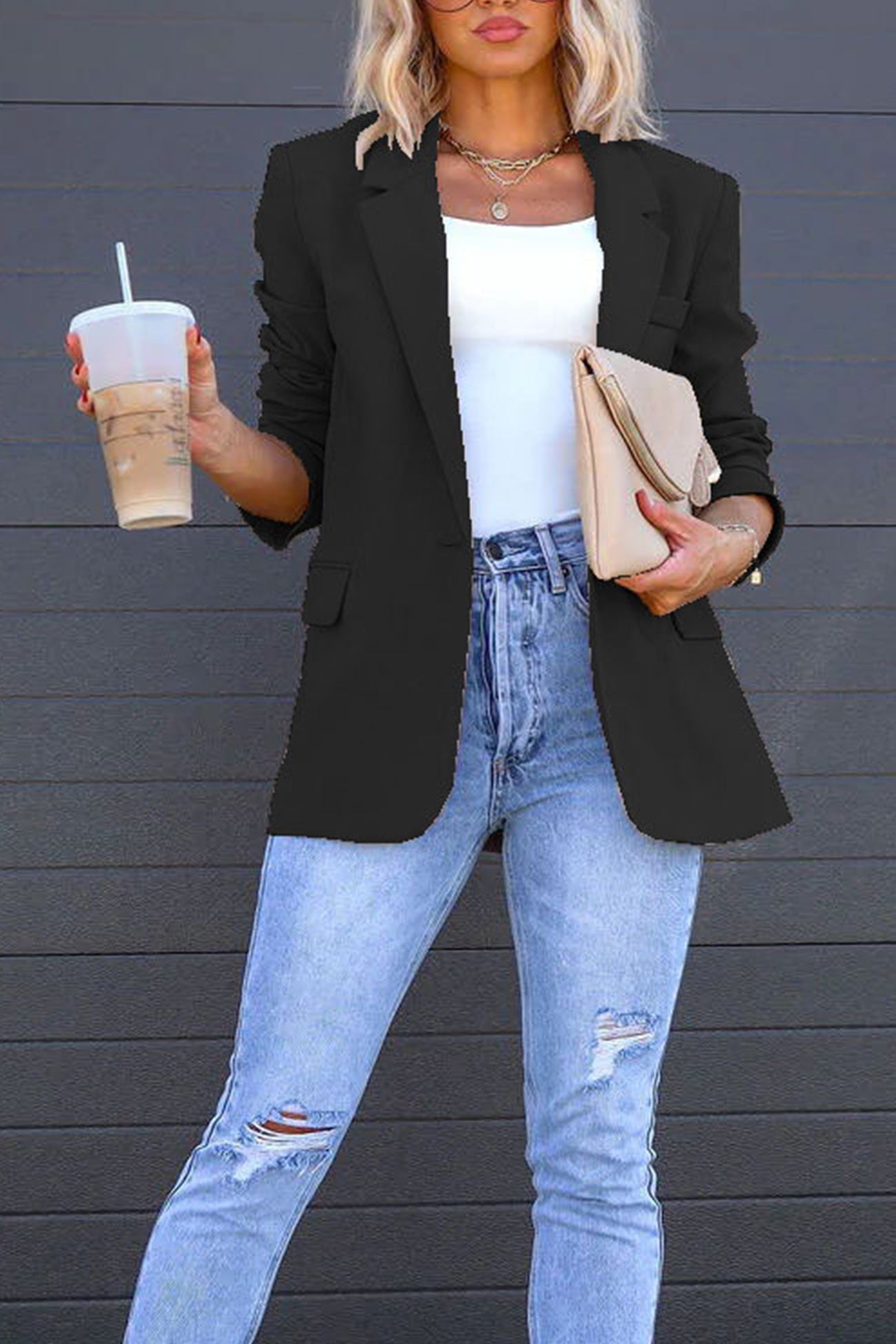 Street Wave Solid Color Mid Length Blazer With Notched Lapel For Women, Effortless Chic, Timeless Appeal