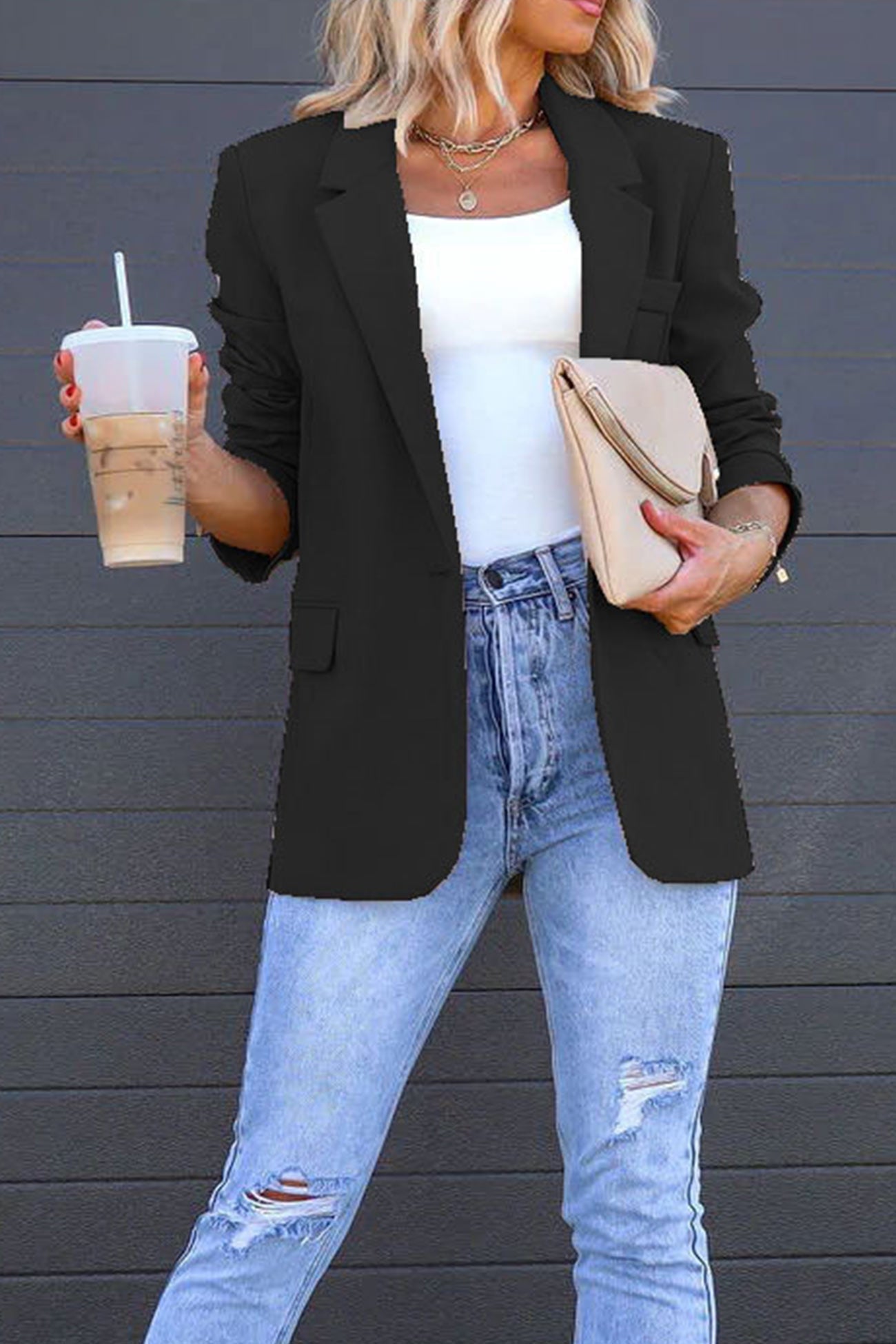 Street Wave Solid Color Mid Length Blazer With Notched Lapel For Women, Effortless Chic, Timeless Appeal