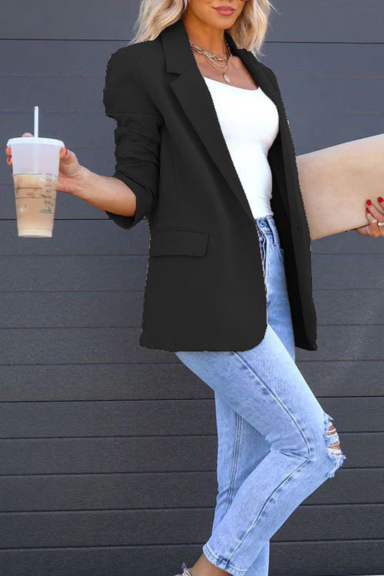 Street Wave Solid Color Mid Length Blazer With Notched Lapel For Women, Effortless Chic, Timeless Appeal