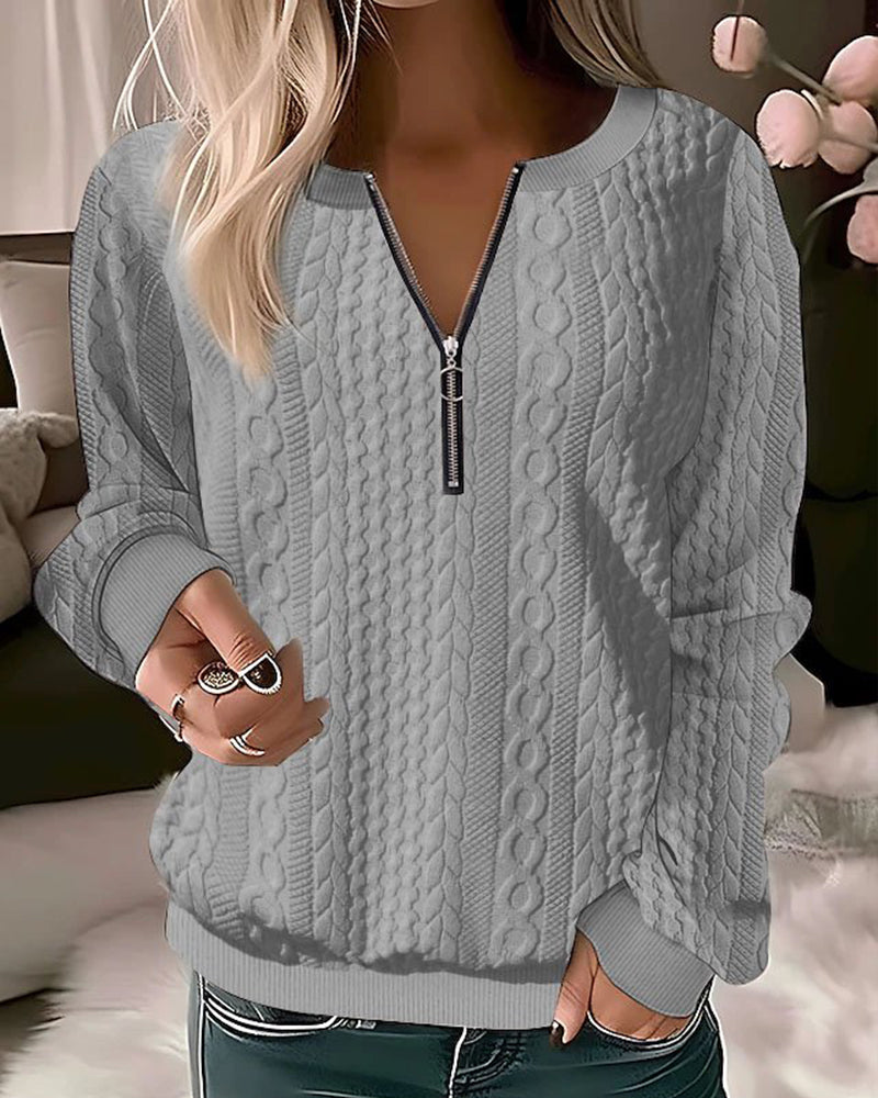 Street-wave Cable Knit Zip Pullover For Women, Soft Durable Pink Knit Sweatshirt, Chic Everyday Comfort