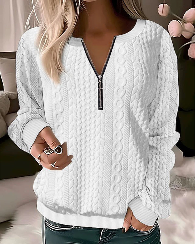 Street-wave Cable Knit Zip Pullover For Women, Soft Durable Pink Knit Sweatshirt, Chic Everyday Comfort