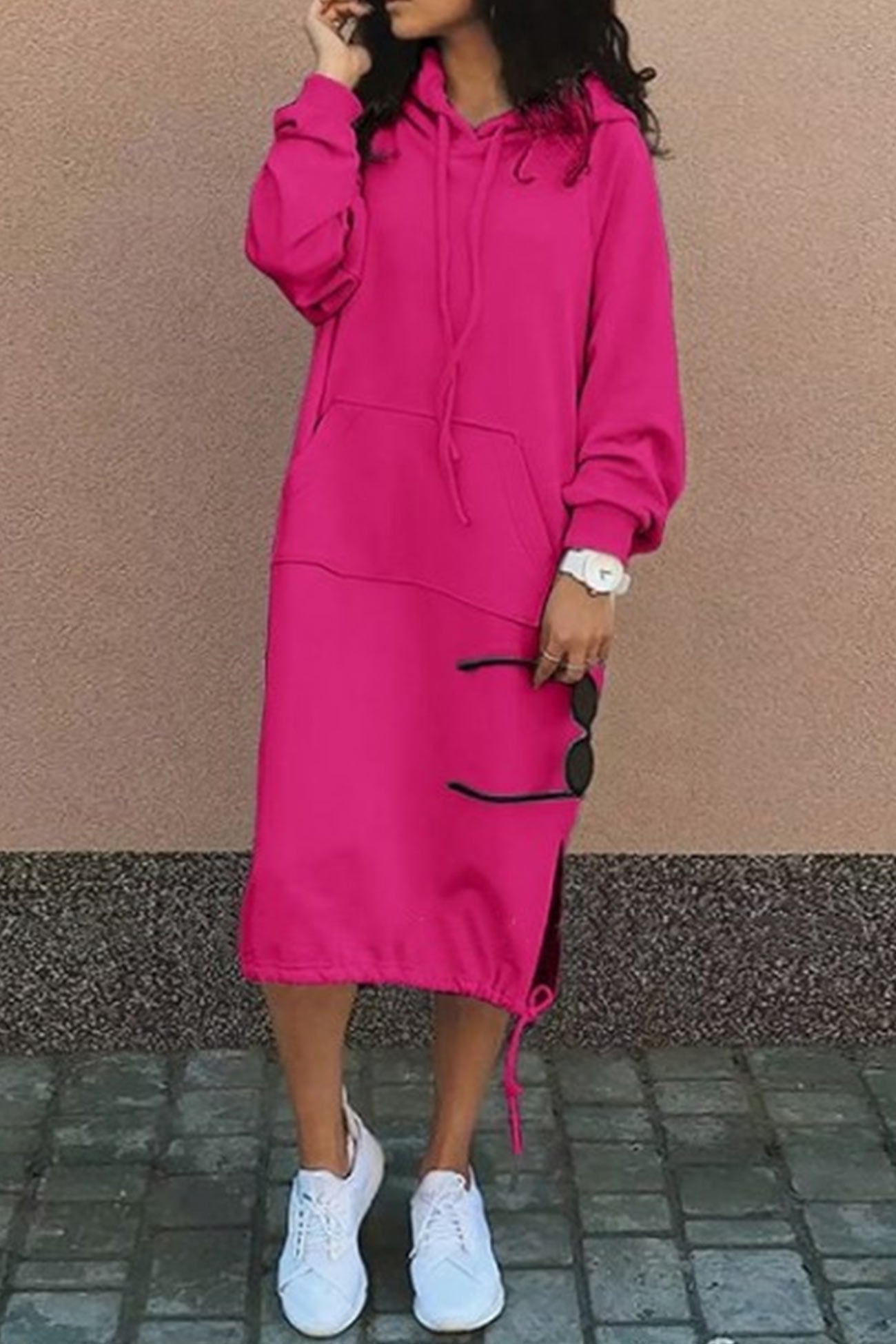 Street Wave Hoodie Dress Knee Length Cozy Casual For Women With Hood And Kangaroo Pocket
