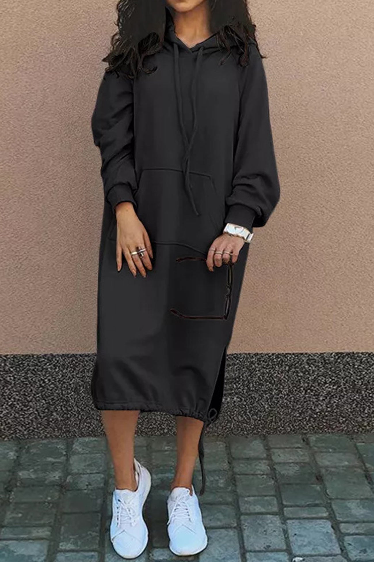 Street Wave Hoodie Dress Knee Length Cozy Casual For Women With Hood And Kangaroo Pocket