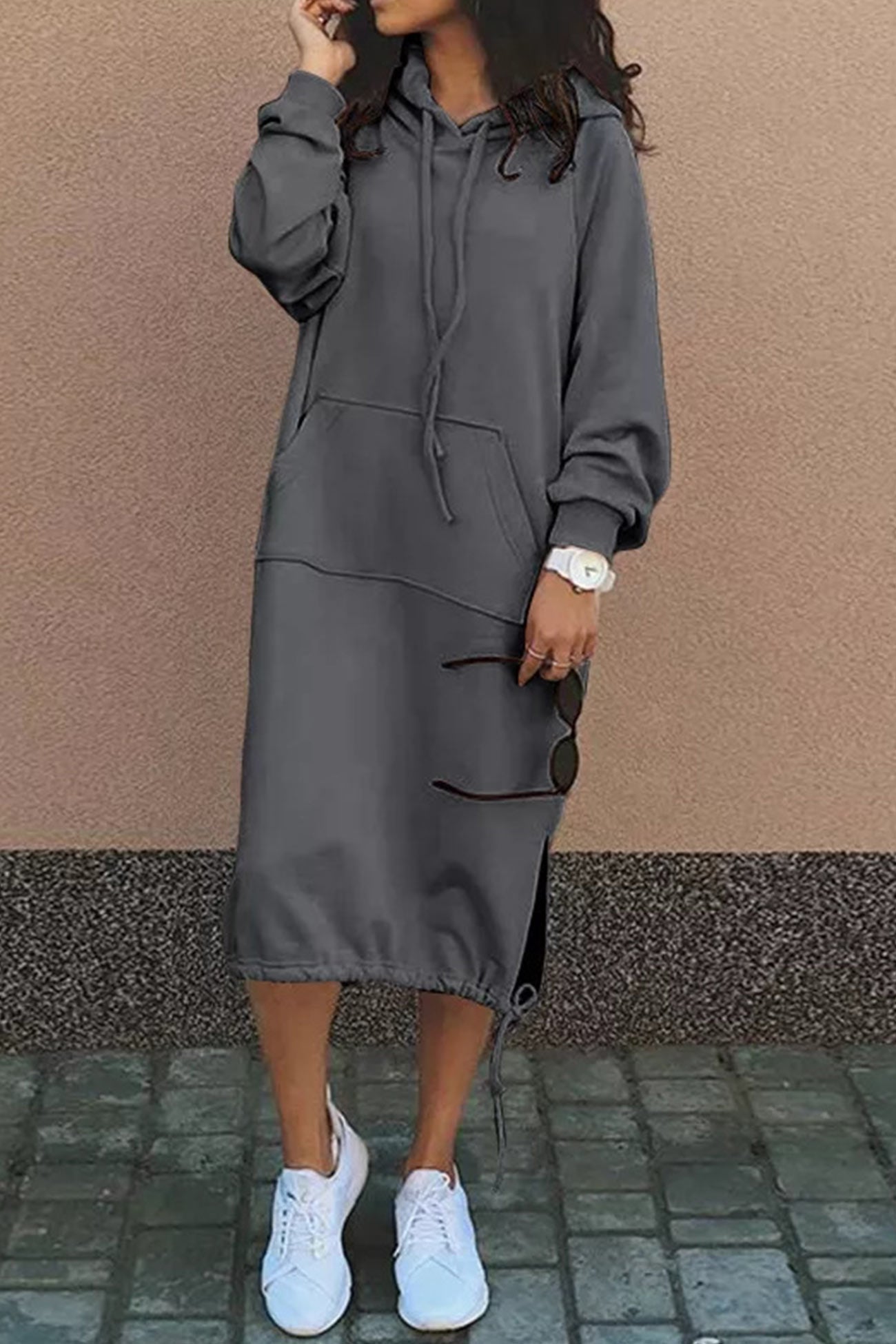 Street Wave Hoodie Dress Knee Length Cozy Casual For Women With Hood And Kangaroo Pocket