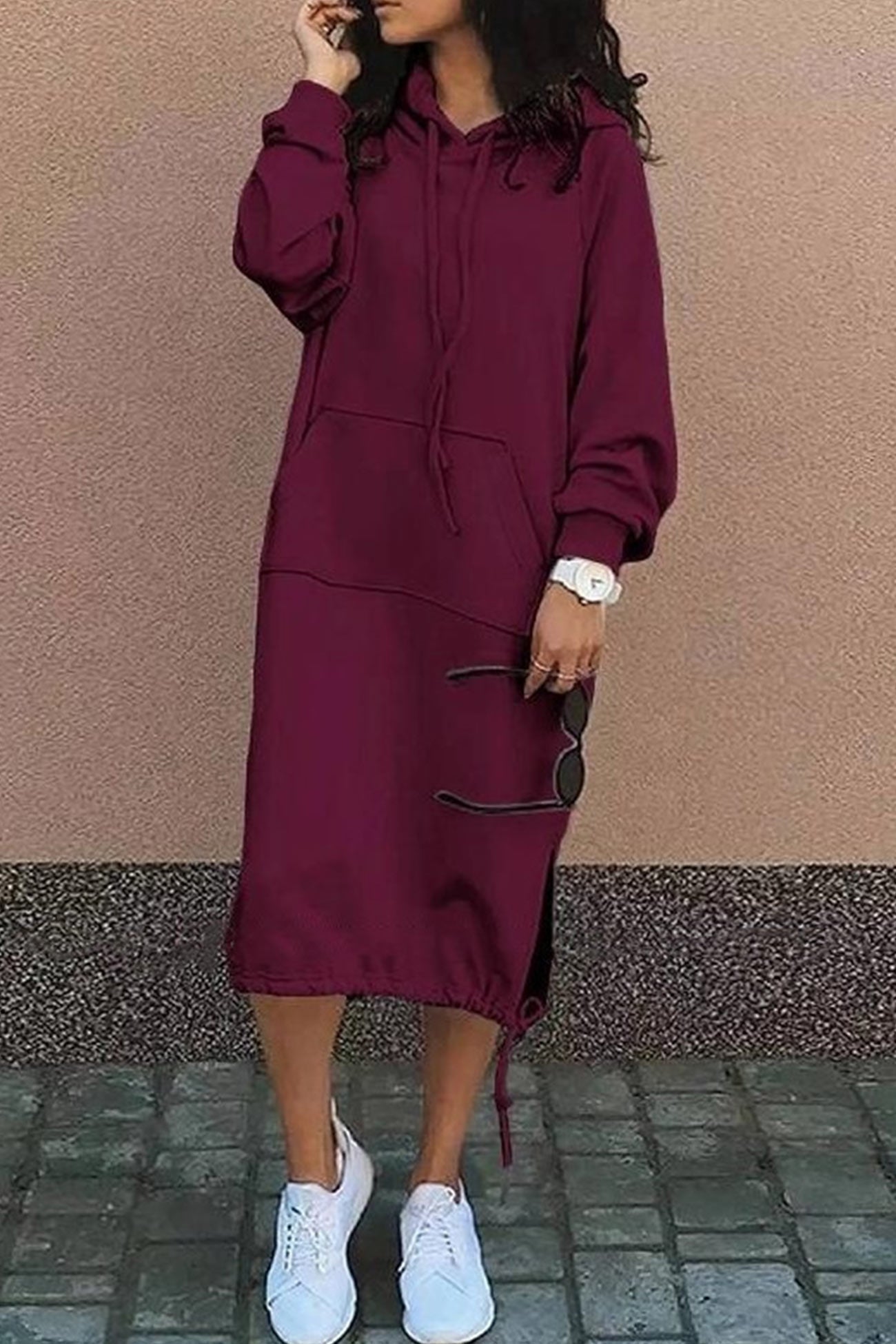 Street Wave Hoodie Dress Knee Length Cozy Casual For Women With Hood And Kangaroo Pocket