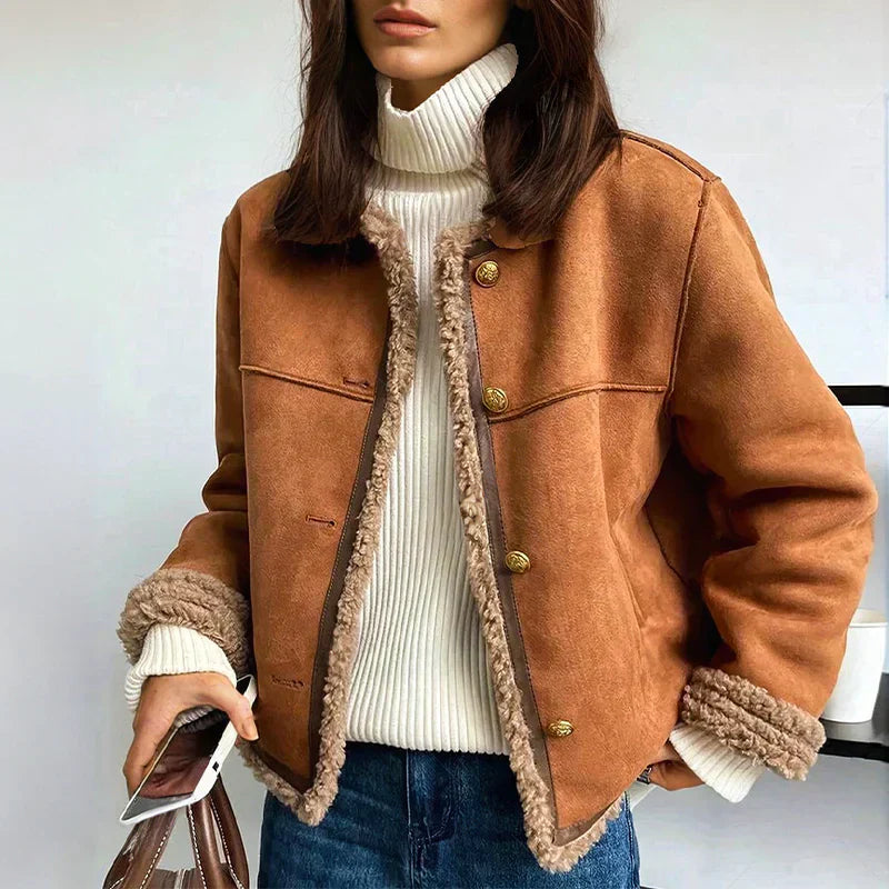 Street-Wave Cozy Wool Coat With Shearling Trim For Women Vintage Elegant Winter Warmth