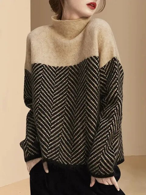 Street Wave Olive Knit Sweater With Soft Cozy Warmth Mid Collar Split Seams For Women