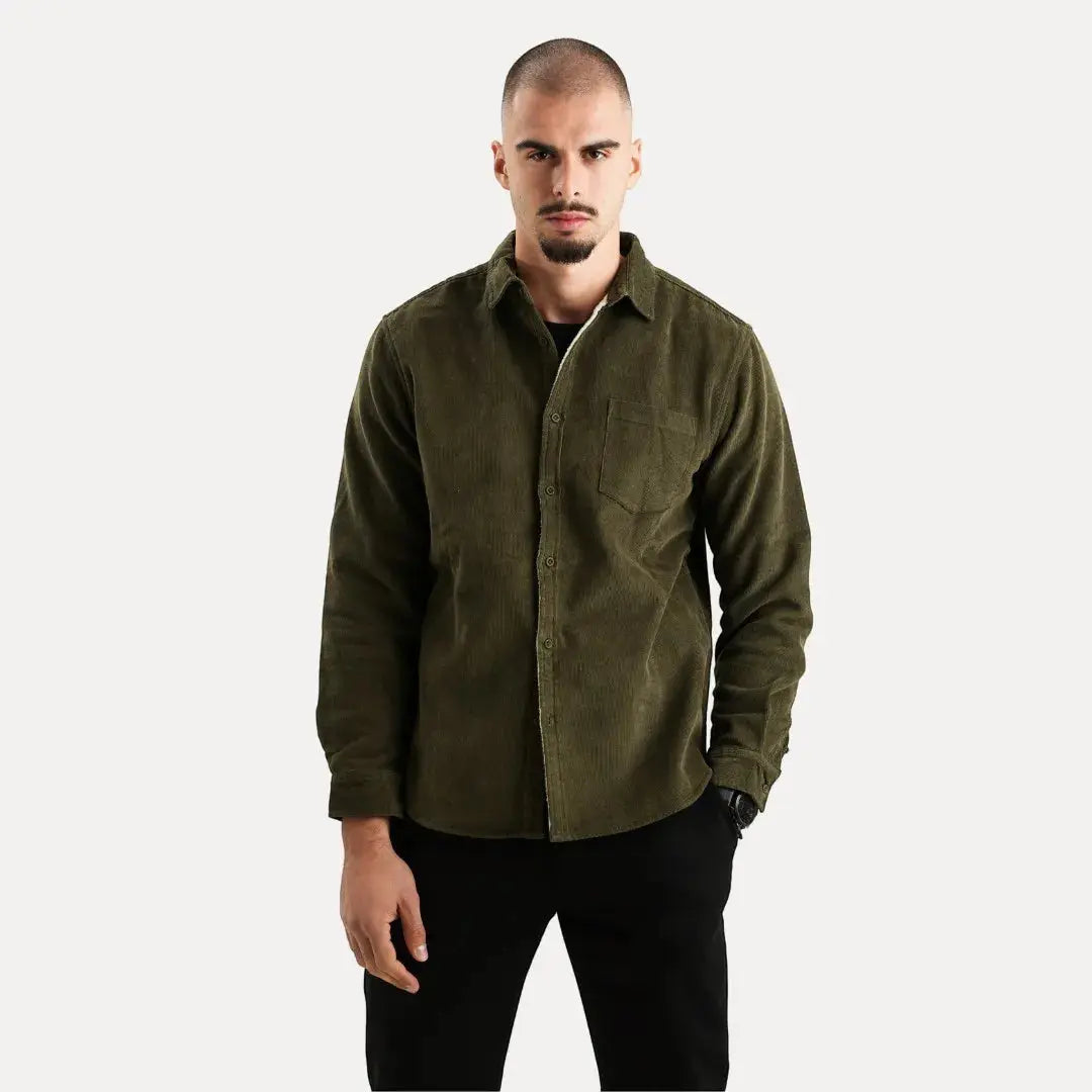 Stéphane Parker Corduroy Long Sleeve Shirt for Men With Plush Fur Lining Warm Cotton Blend Button Closure