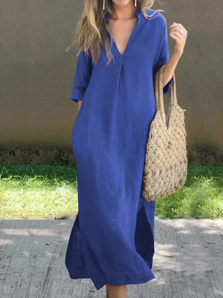Streetwave Linen Midi Dress For Women Elegant Breathable V Neck With Pleated Details