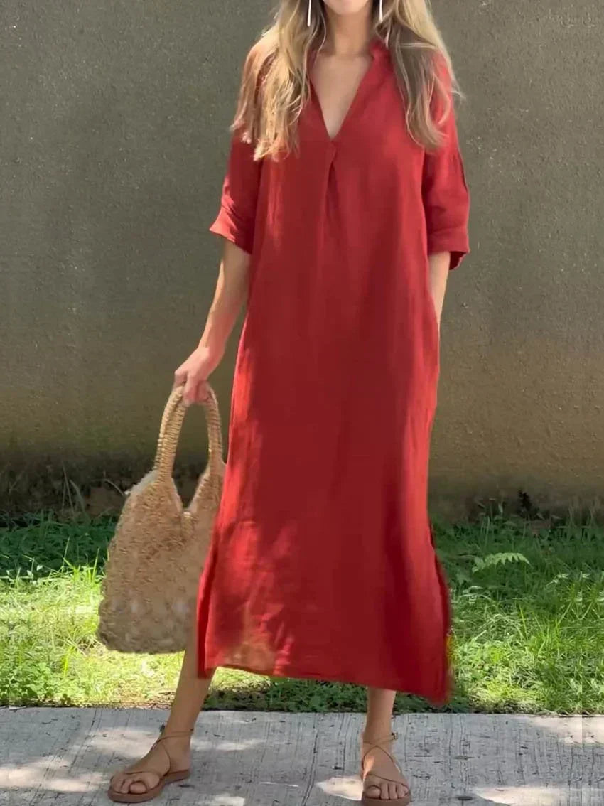 Streetwave Linen Midi Dress For Women Elegant Breathable V Neck With Pleated Details