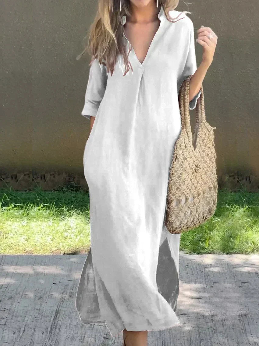 Streetwave Linen Midi Dress For Women Elegant Breathable V Neck With Pleated Details