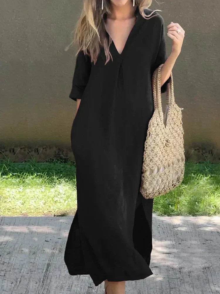 Streetwave Linen Midi Dress For Women Elegant Breathable V Neck With Pleated Details