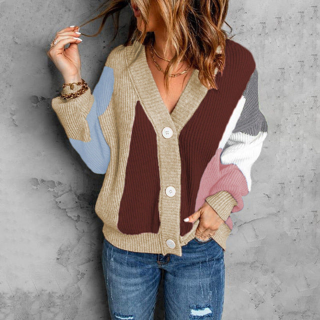 Street-Wave Color Block Cardigan Women Cozy Knit Warmth