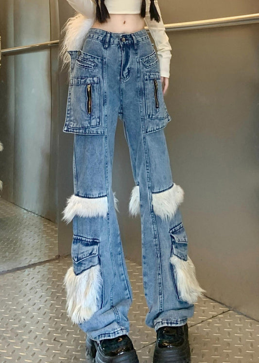 Pantalon évasé en denim avec poches bleues et fourrure duveteuse, style printemps - Street-Wave