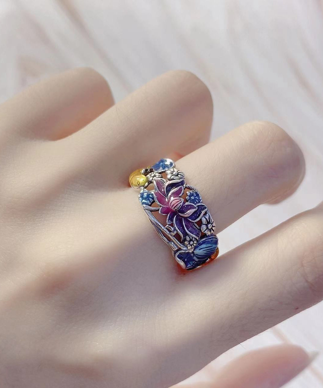 Bagues en argent sterling bleu avec motif carpe cloisonnée et brocart - Street-Wave