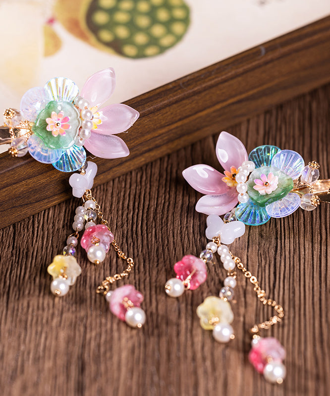 Paire d'épingles à cheveux multicolores en alliage avec perles et pompons floraux pour enfants - Street-Wave