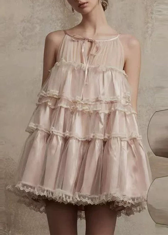 Robe mi-longue rose à col rond et volants en dentelle patchwork et tulle pour l'été - Street-Wave