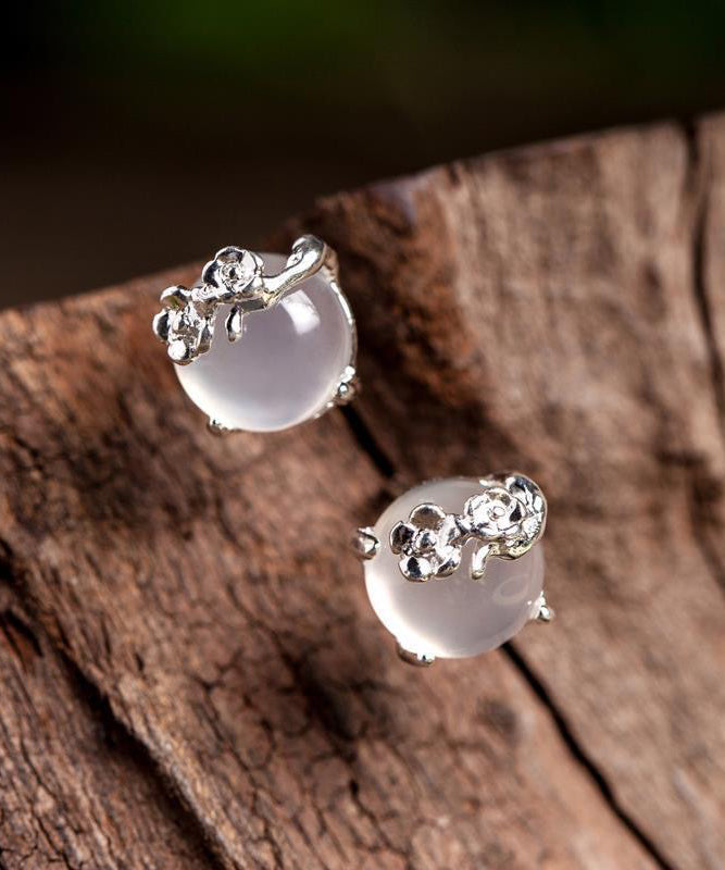Boucles d'oreilles à tige en argent sterling incrustées de fleurs de prunier de style soie - Street-Wave