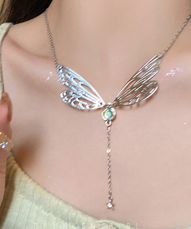 Collier lariat en acier inoxydable avec motif d'ailes de papillon ajourées - Street-Wave
