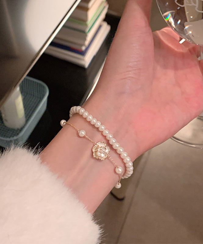 Bracelet à breloques double couche en alliage blanc et perles camélia - Street-Wave