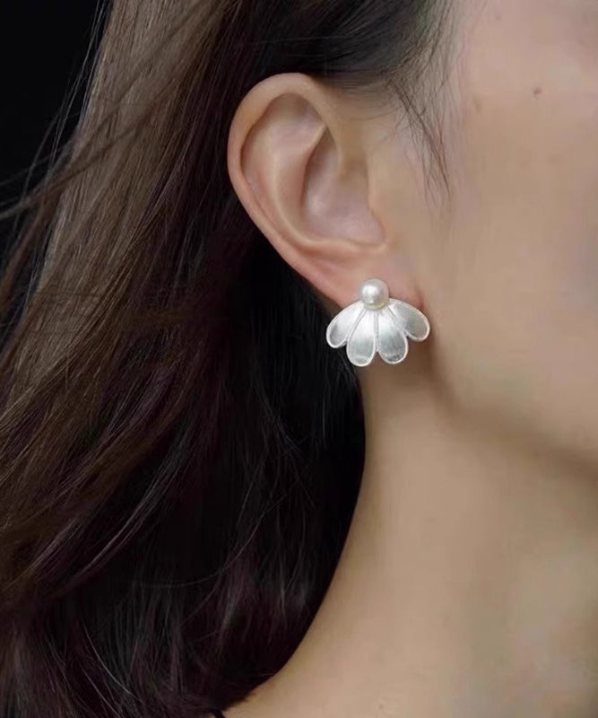 Boucles d'oreilles à tige en argent sterling blanc et perles en forme de pétales - Street-Wave