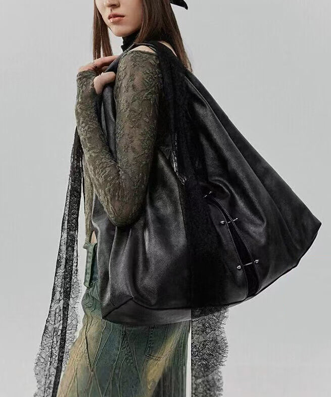 Sac à main élégant en similicuir noir avec dentelle et grande capacité - Street-Wave