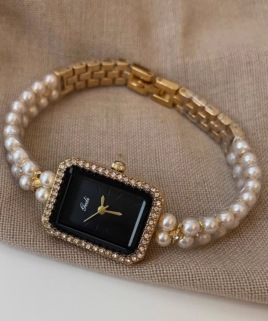 Montre élégante en métal noir avec chaîne carrée et perles - Street-Wave