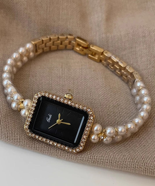 Montre élégante en métal noir avec chaîne carrée et perles - Street-Wave