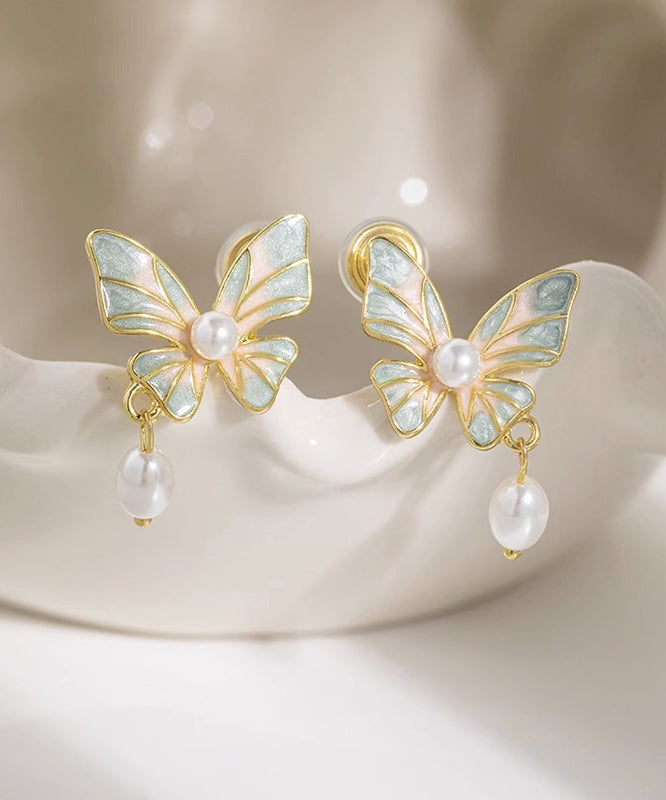 Boucles d'oreilles pendantes élégantes en cuivre bleu surdoré avec perles et pampilles en forme de papillon - Street-Wave