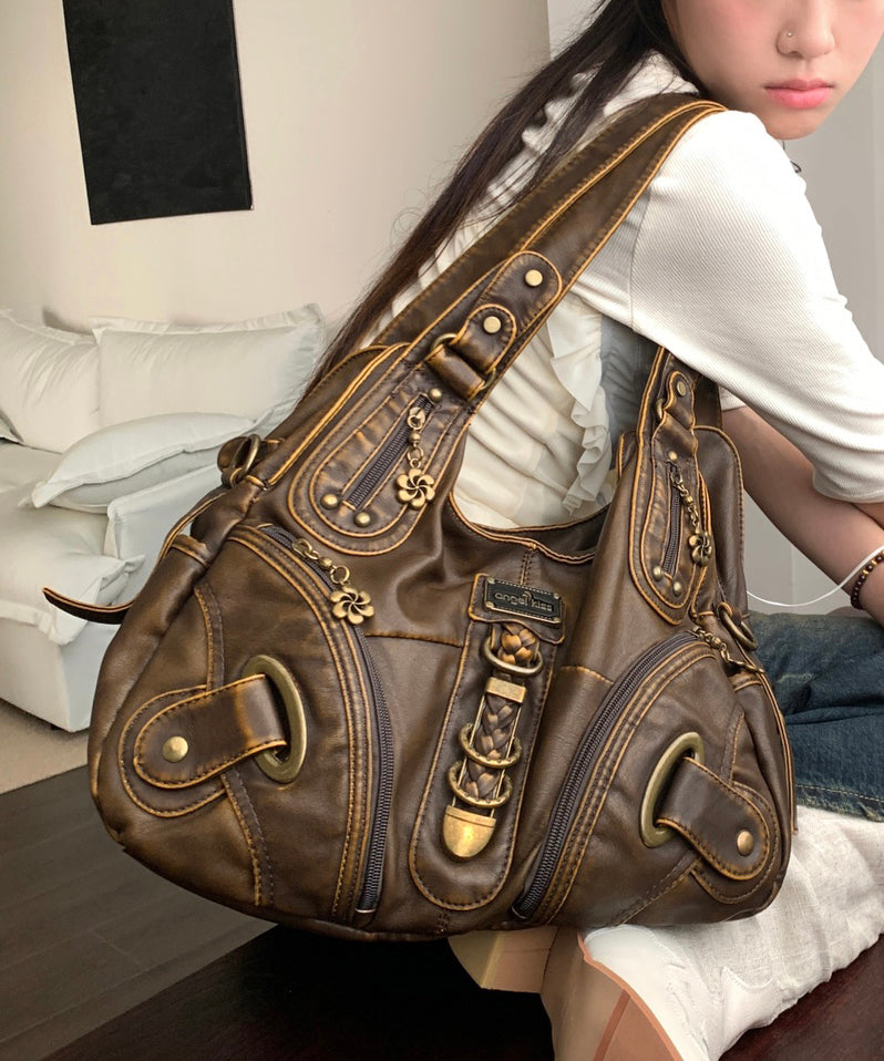 Sac à main élégant en similicuir marron avec fermeture éclair et grande capacité - Street-Wave