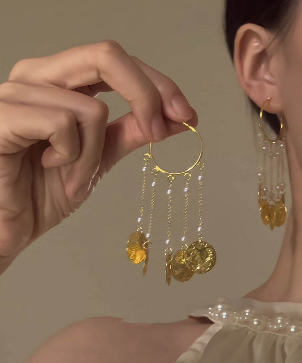 Boucles d'oreilles créoles élégantes en alliage de cuivre doré avec pampilles et perles - Street-Wave