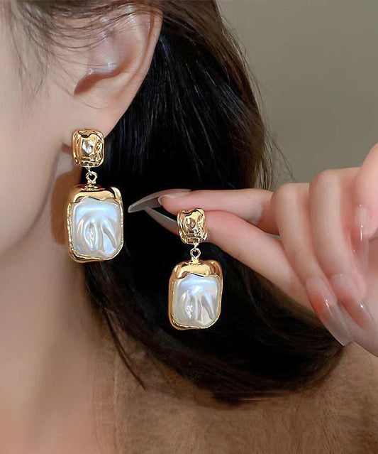 Boucles d'oreilles pendantes carrées élégantes en alliage de cuivre doré et perles - Street-Wave