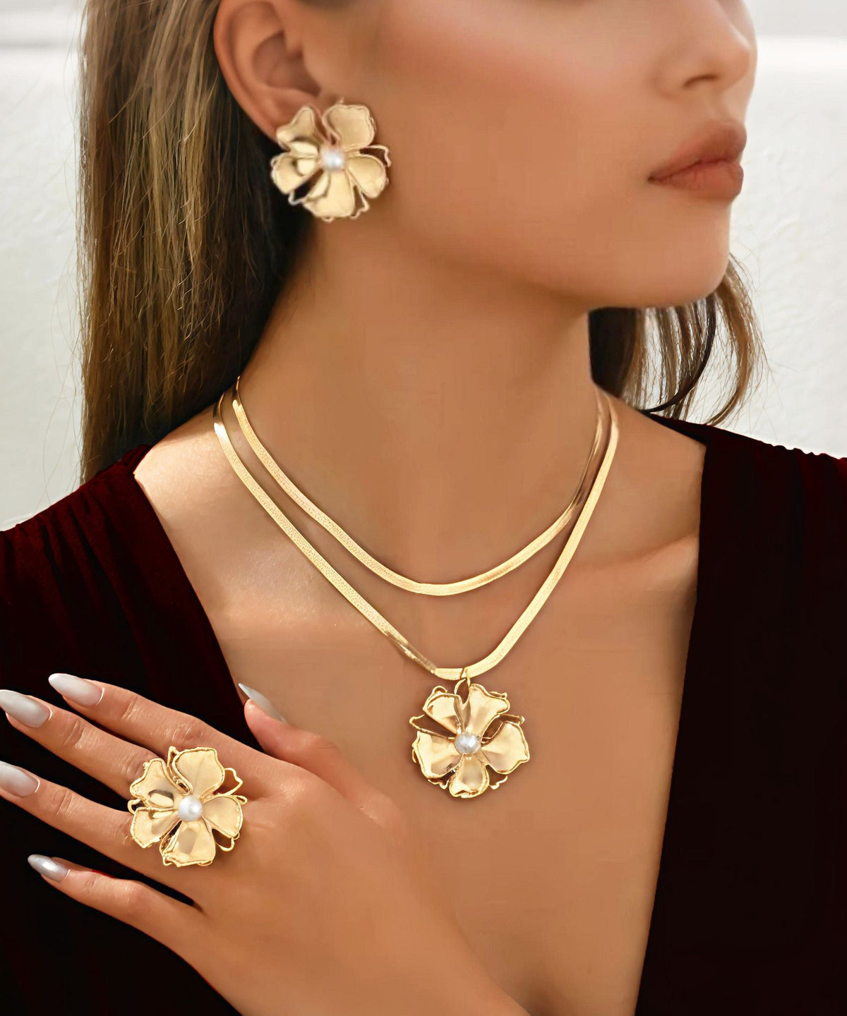 Ensemble élégant composé d'un collier, d'une bague et de trois boucles d'oreilles à tige en perles et cuivre doré - Street-Wave