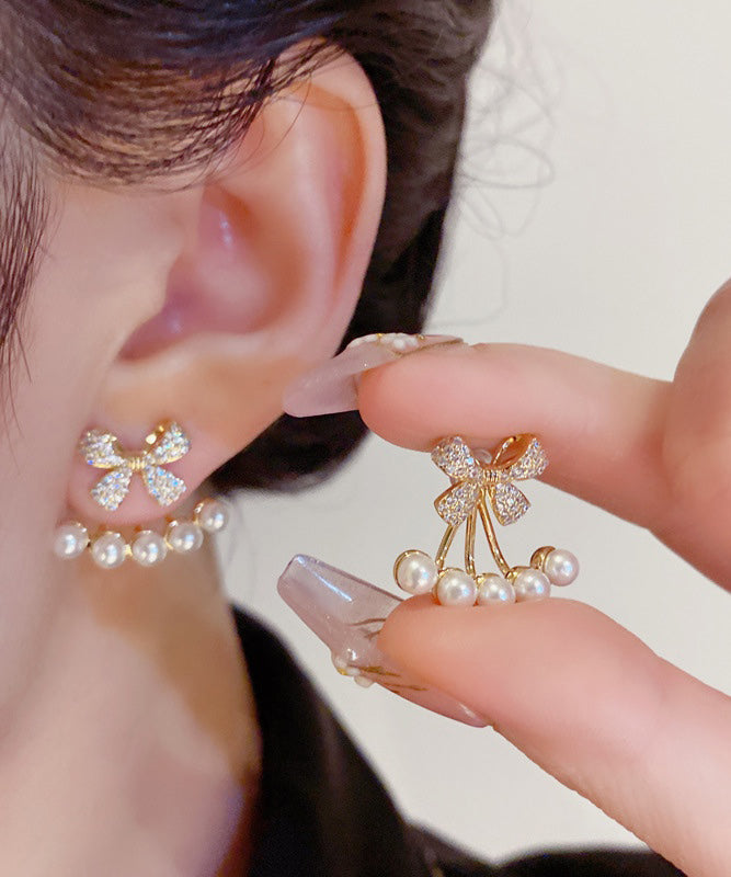 Boucles d'oreilles à tige élégantes en or, cuivre et zircons avec perles - Street-Wave