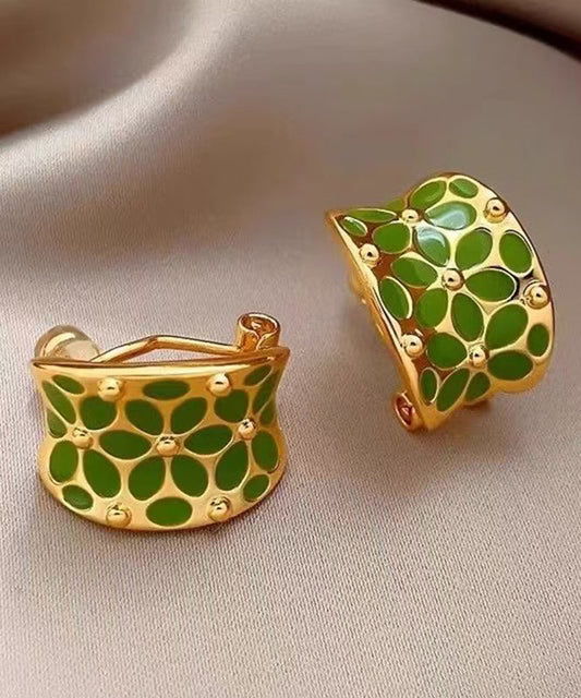 Boucles d'oreilles créoles florales élégantes en cuivre vert en forme de C - Street-Wave