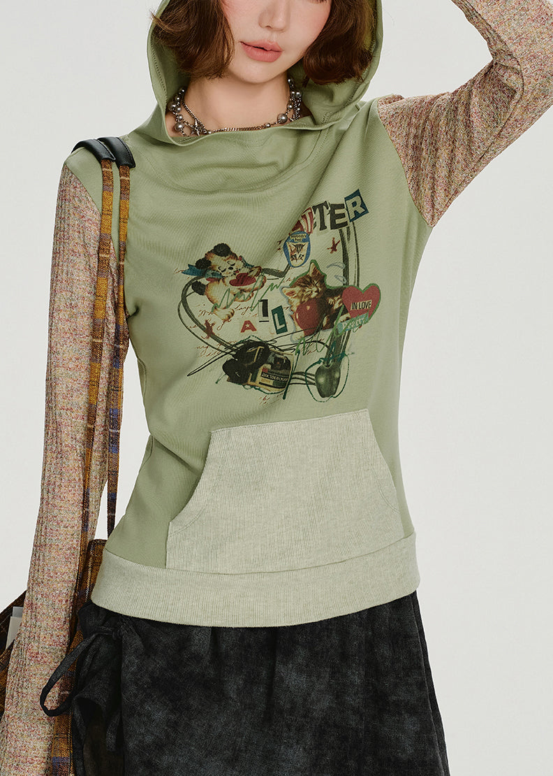 Sweat-shirt à capuche vert élégant en coton patchwork, idéal pour le printemps - Street-Wave