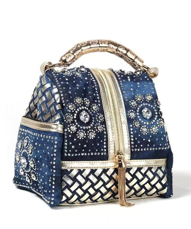 Sac fourre-tout élégant en denim bleu marine avec strass, grande capacité - Street-Wave