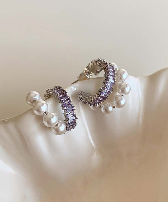 Boucles d'oreilles créoles élégantes en cuivre violet avec perles de zircon surdorées - Street-Wave