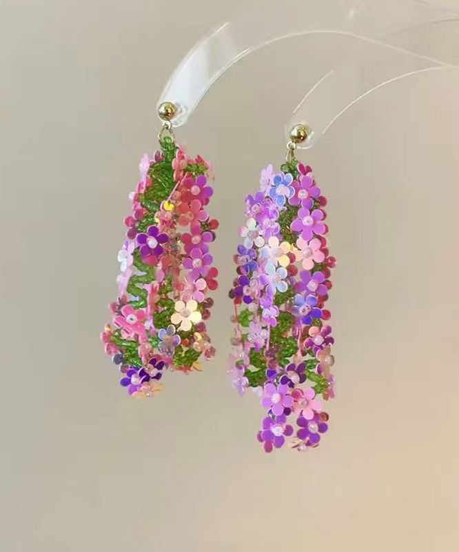 Boucles d'oreilles pendantes élégantes en acrylique arc-en-ciel à paillettes florales et pampilles - Street-Wave