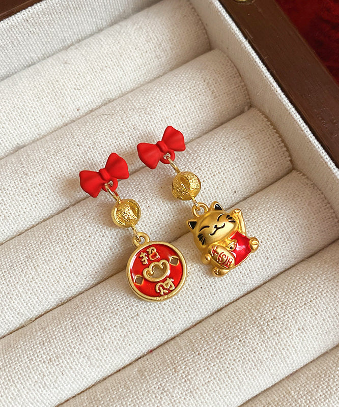 Boucles d'oreilles pendantes élégantes en alliage de cuivre rouge avec nœud en émail et chat porte-bonheur - Street-Wave