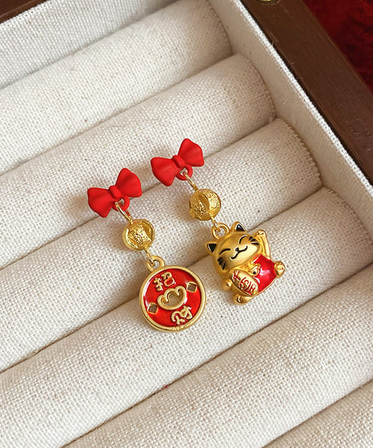 Boucles d'oreilles pendantes élégantes en alliage de cuivre rouge avec nœud en émail et chat porte-bonheur - Street-Wave